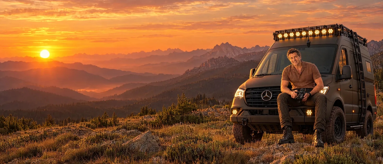 AI-generated portrait of photographer Harald Schön with camera and his mobile studio van at sunset